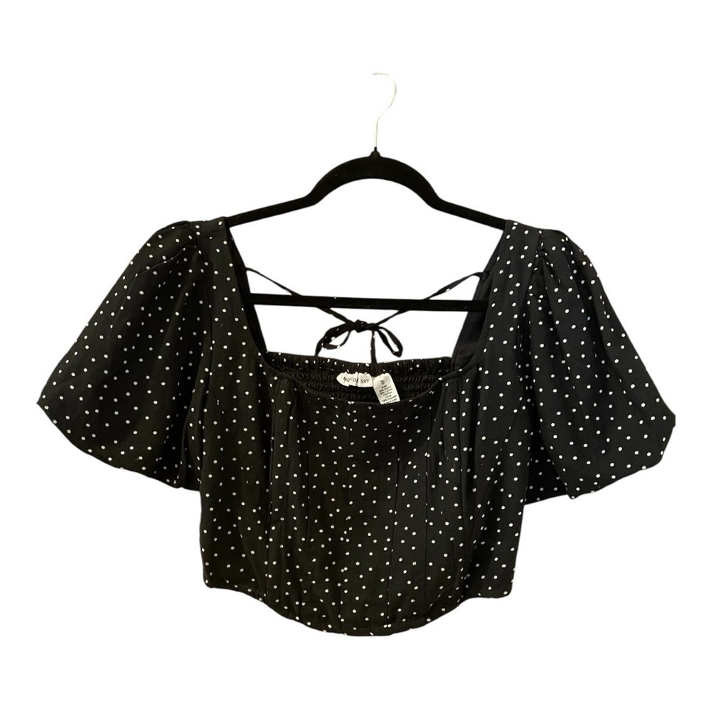 Midnight Sky cropped Top, Size S, Black Polka-Dots, Puff Sleeves, Shirred Back.
